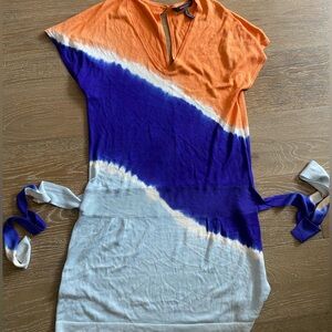 BCBG MaxAzria Silk Tie Dye Knit Drop Waist Swim Cover Up Dress Orange Blue S